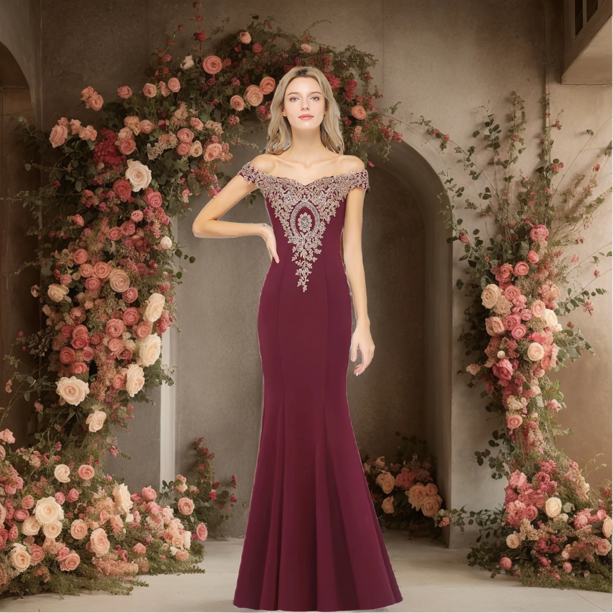 

Off the Shoulder Mermaid Lace Beaded Evening Dresses Gowns With an Short Train and Made with Lace Embroidered Mesh CPS1185