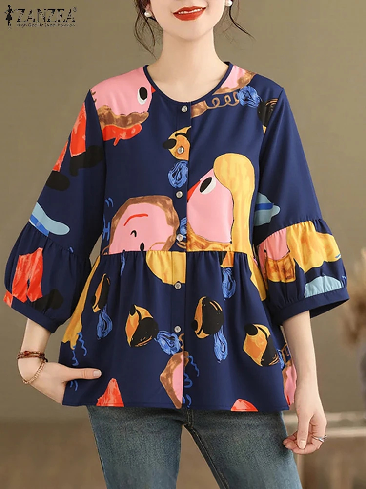 เสื้อเชิ้ตผู้หญิง ZANZEA รุ่นฤดูใบไม้ร่วง ปี 2025 ลายพิมพ์ทันสมัย สไตล์ลำลอง คอทรงโอ แขนยาว ติดกระดุม เสื้อทรงหลวม ไซส์ใหญ่