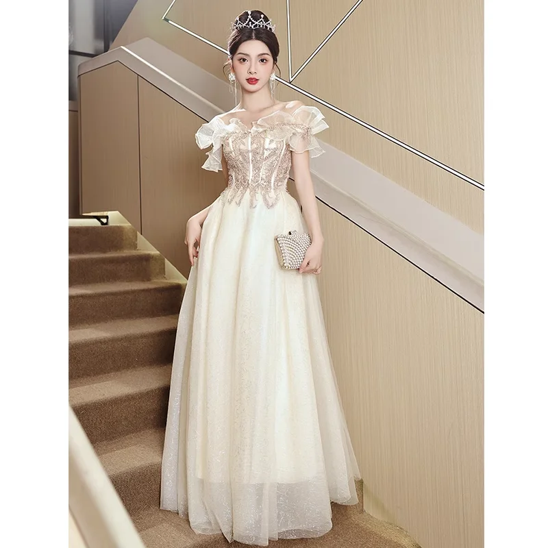 

Вечернее платье цвета шампанского, женское, 2024, новое, роскошное, высококачественное, для взрослых, для похудения, фея, длинное корейское платье или...