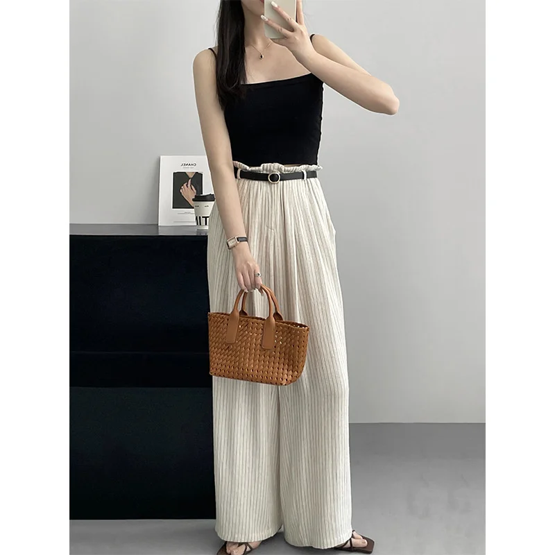 Stripe Linen Cotton Long Pant Women High Waist Wide Leg Pants