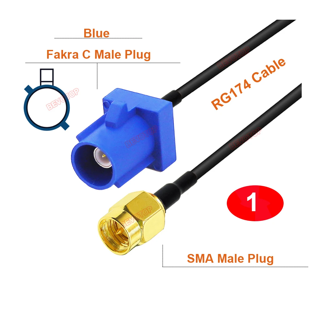 1PCS Fakra C Male to SMA Male Straight / Right Angle 90° Plug RG174 Pigtail GPS Antenna Extension Jumper BEVOTOP RF Coax Cable