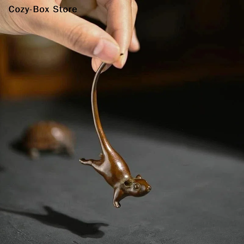 [ZY]Chinese Style Tea Pet Vintage Long Tail Mouse Miniature Figurine Pure Copper Rat Ornament Home Decoration Accessories[ZY]