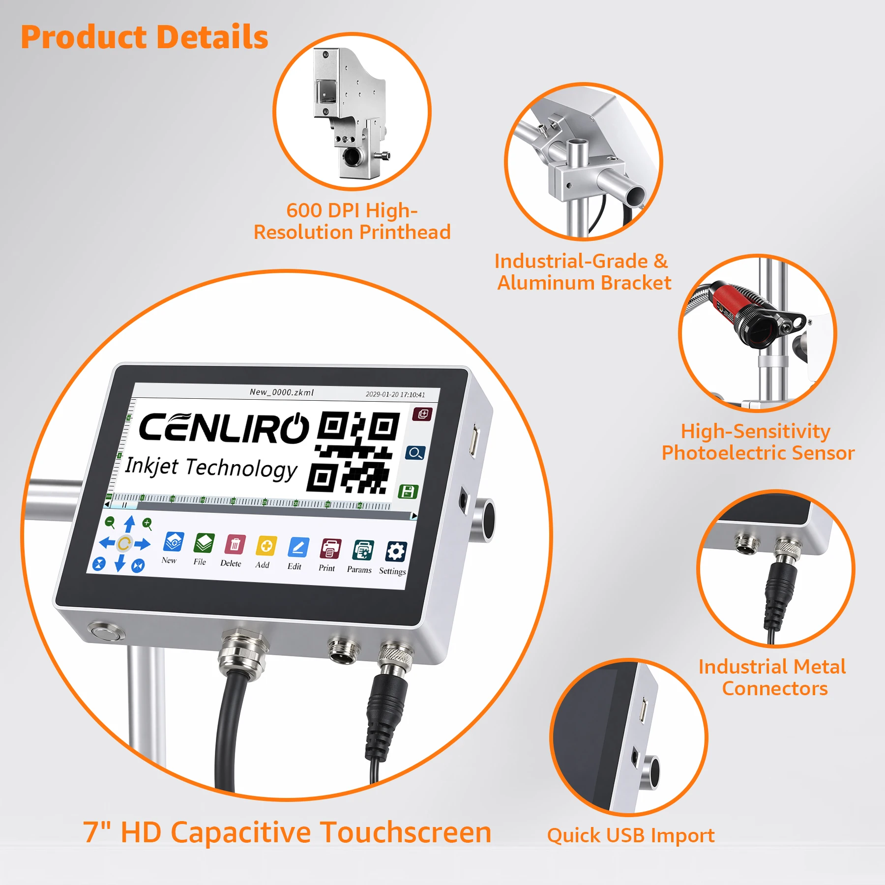 Cenliro CL5100 7'' HD Online TIJ Inkjet Printer 12.7/25.4mm Automatic Coding Machine 600DPI for Expiry Date Logo QR Barcode
