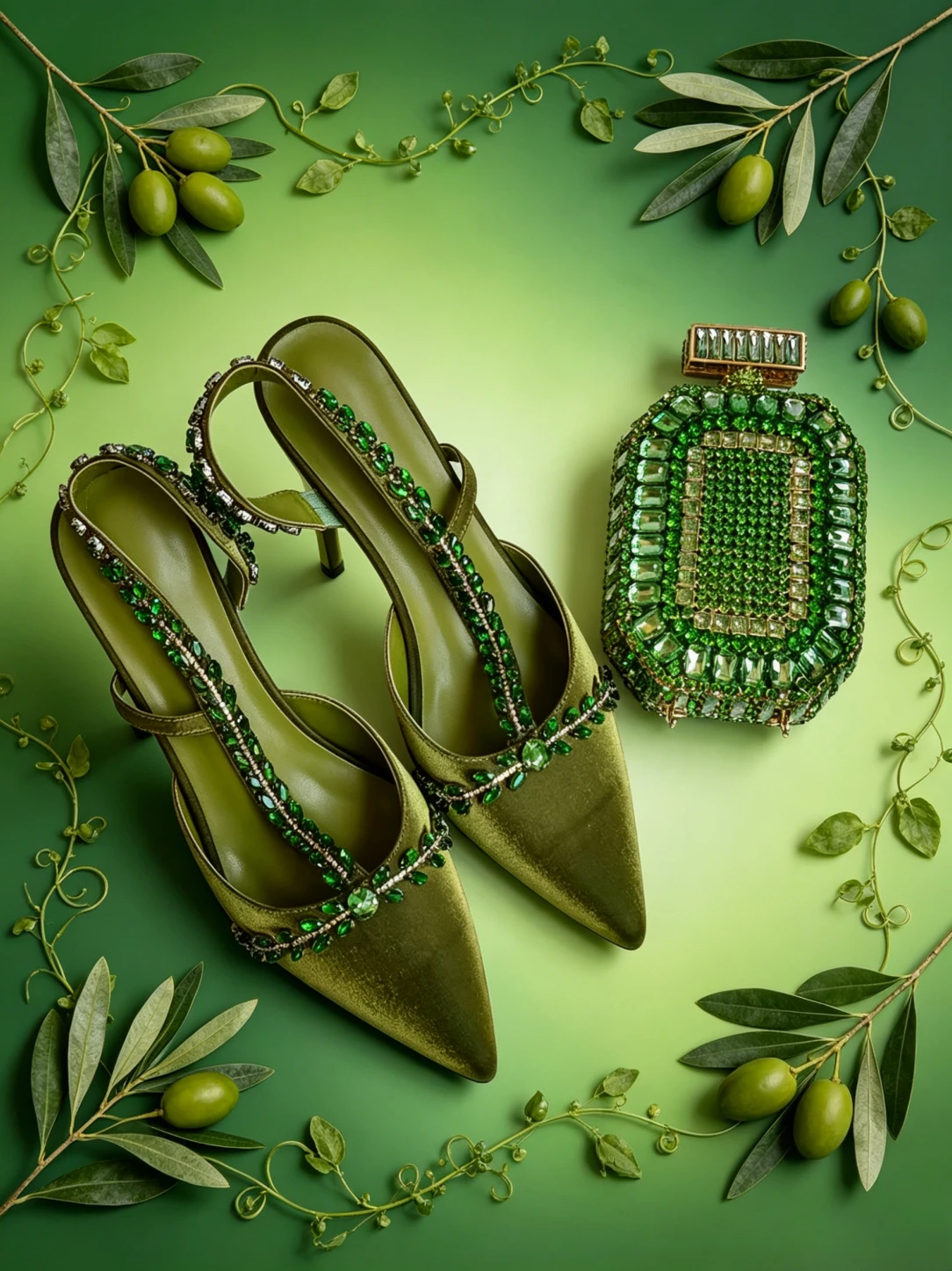 Conjunto de Tacones Altos con Tira Trasera y Pedrería Verde y Bolso de Mano con Forma de Botella de Perfume, Zapatos de Fiesta para Mujer, Zapatos Elegantes para Mujer