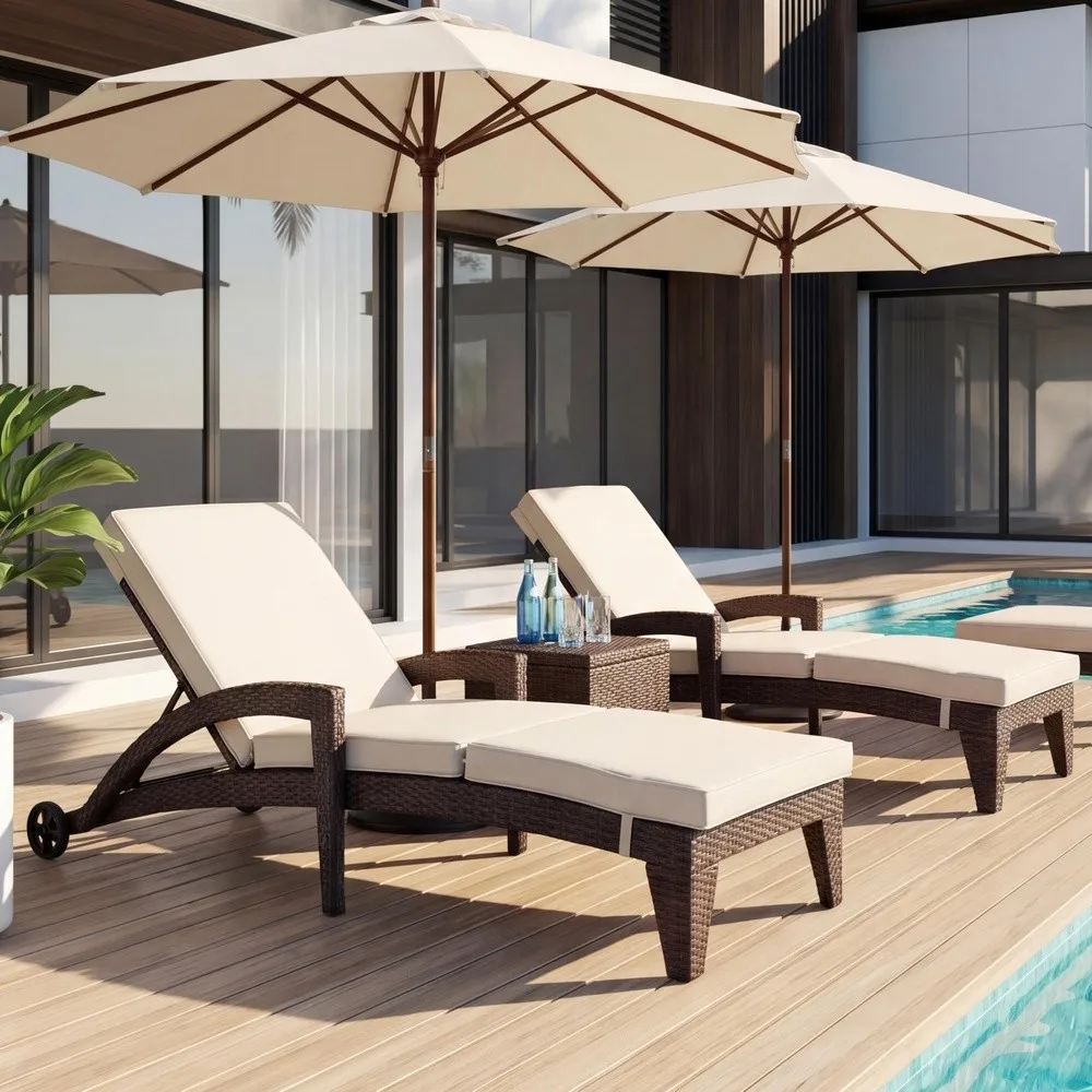 Patio Chaise Lounge Set of 2 Wicker Lounge Chairs Outdoor with Wheels Heavy Duty Lounger Chair Outdoor Wicker Chaise