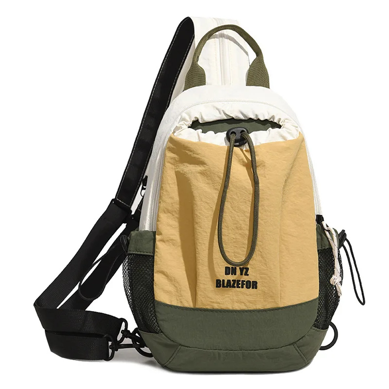 

Unisex Color-Block Convertible Chest Backpack with Drawstring Pocket Lightweight Nylon Sling Bag for Outdoor Travel School