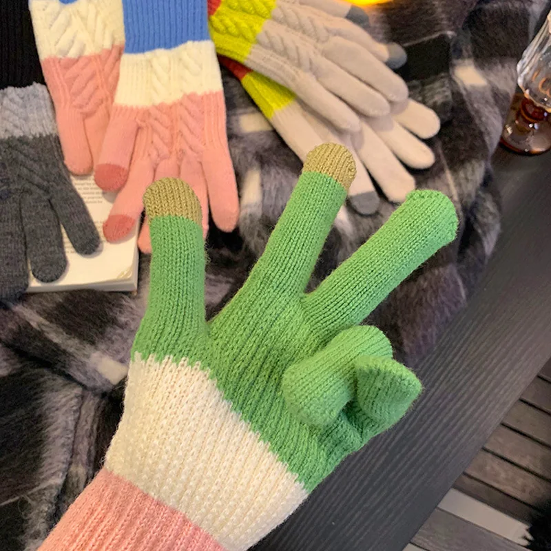 1 Pair Women's Knitted Split Finger Gloves Colorful Winter Thickened Keep Warm Touch Screen Windproof Riding Gloves Gift