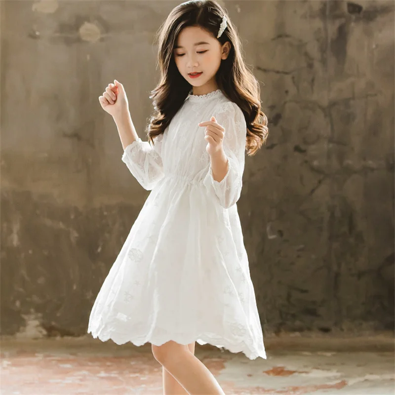 Kids Dresses Teenage White Wedding Party Lace Girl Dress Long Sleeve Children Carnival Spring Autumn 6 8 10 12 14 16 Years