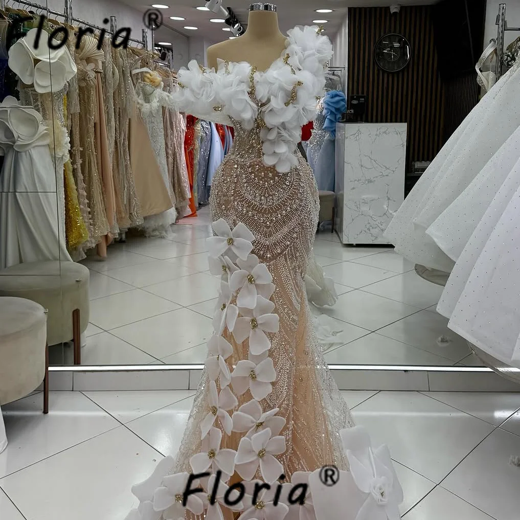 

Luxury Champagne Evening Dresses 2025 White 3D Flowers Applique Mermaid Party Formal Dress Robe de soiree Femme Customized Gala