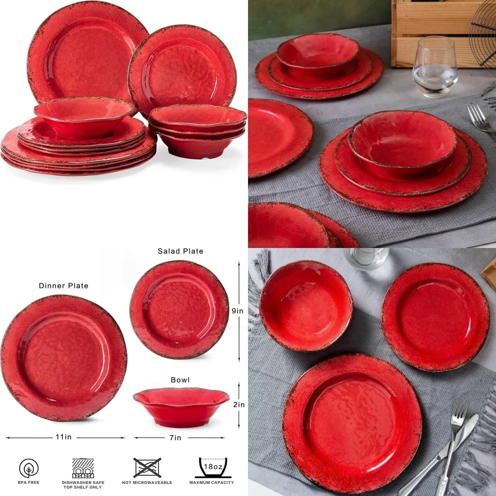 

Ceramic Tableware Set12 Piece Farmhouse Christmas Dinnerware Set Melamine Plates and Bowls for Family Gatherings and Holiday