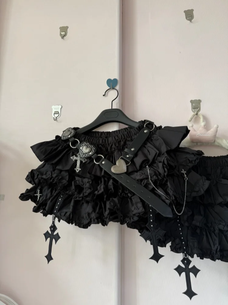 Gothic Style Black Cross Decoration Puffy Skirt  Spring Summer Cake Skirt Women's Original Design Subculture Decorative