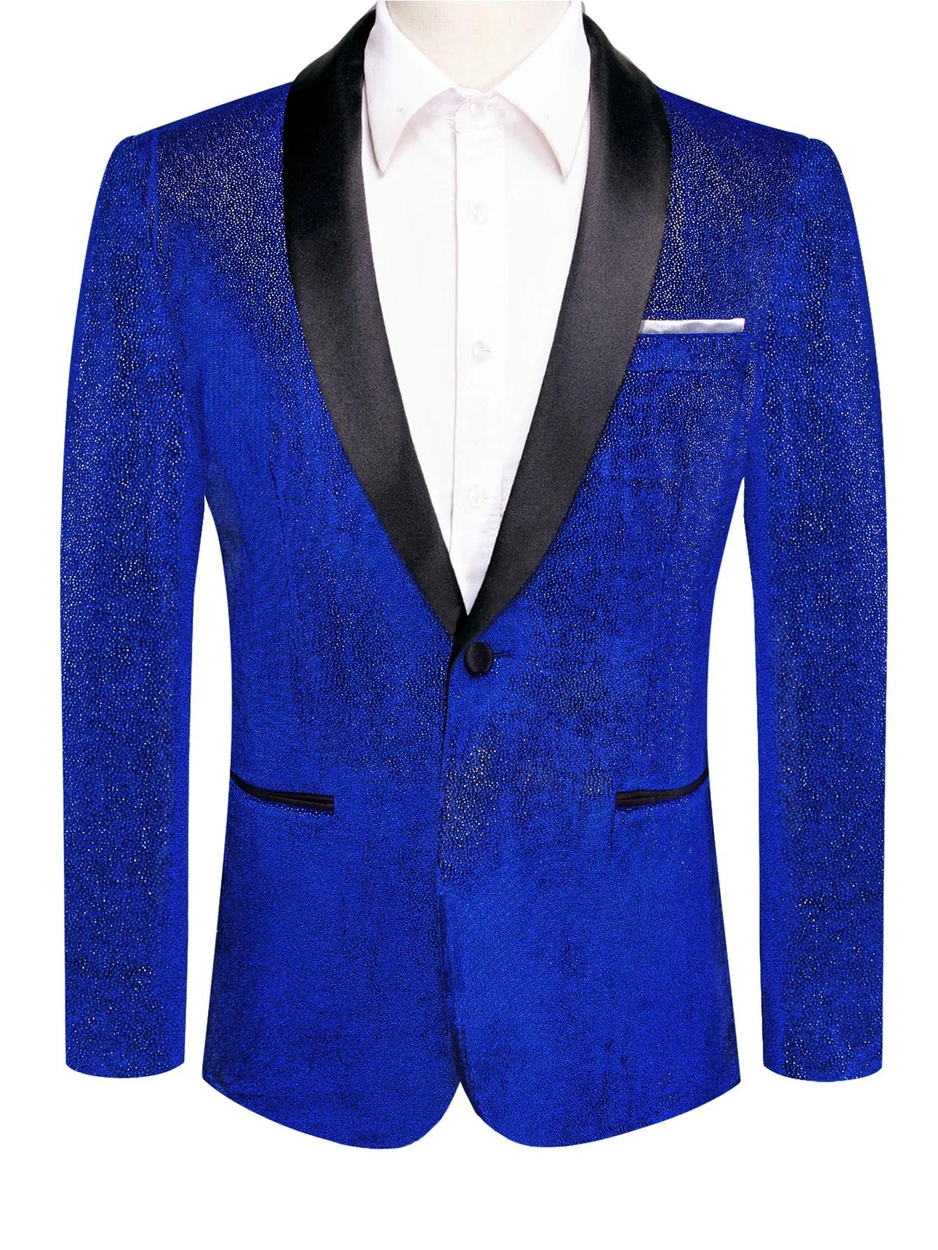 Fashionable men's formal suit jacket with a reflective effect under lighting, suitable for both casual and formal occasions.