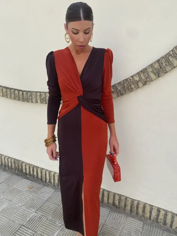 XIAOTANG エレガントなノースリーブカラーブロック長袖ドレス女性のセクシーな V ネックボディコンパーティーイブニングドレス冬の新しい Vestidos 2026