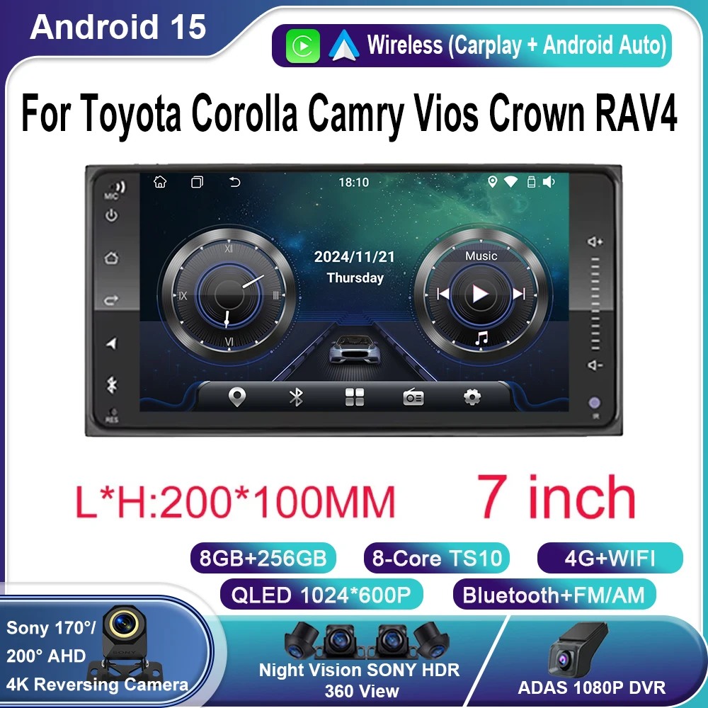 

Android 15 беспроводной Carplay Android авто радио для Toyota Corolla Camry Vios Crown RAV4 GPS мультимедийный плеер 4G DSP без 2Din