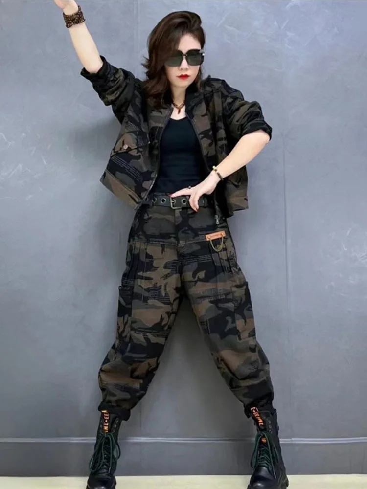 Personalized Trendy Denim Fashion Matching Set Women 2024 Spring Autumn Hooded Long Sleeved Jacket + Harem Pants camouflage