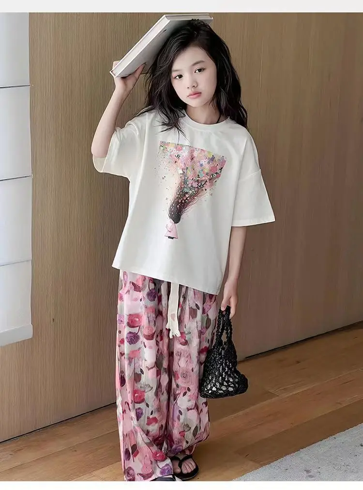 

ЛЕТО 2024 года, детская одежда для маленьких девочек, детские топы с коротким принтом льда, футболка и низ, сетчатые штаны с цветочным принтом для подростков 6, 8, 9, 10, 11, 12 лет