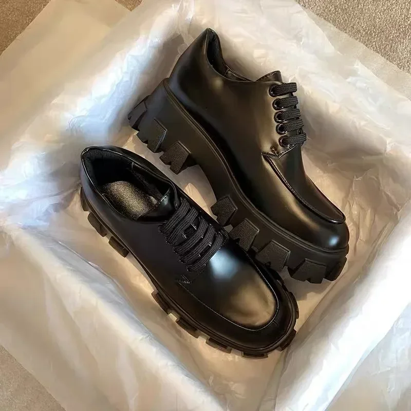 British Style Small Leather Shoes 2024 Spring and Autumn Loafer Shoes Heightened Thick Bottom Platform Lace-up Shoes
