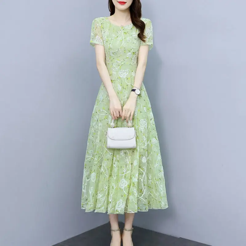 

Embroidery Chiffon Short Sleeve Dress 2023 Summer New Women Fashion Long Style Slim Fit Elegant Dress C015