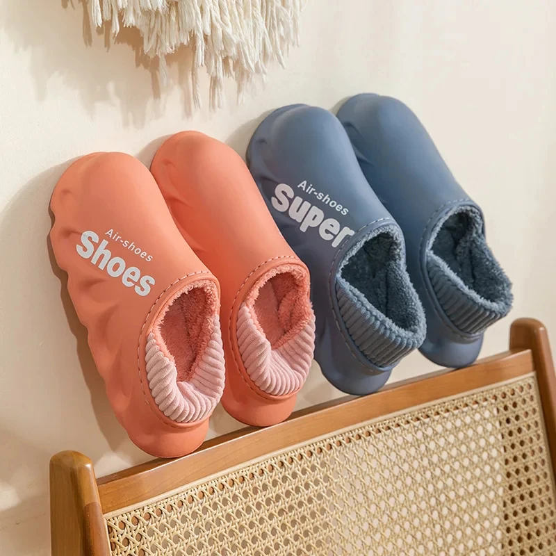 Shevalues Winter Fuzzy Fur Slippers For Women Men Outdoor Waterproof Home Slippers New Fashion Plush Slippers Female Garden Shoe