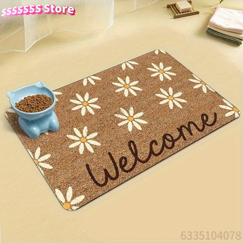 A Large Pet Bowl Mat Featuring Sunflower And Daisy Patterns, Perfect for Food Bowls for Dogs And Cats. This Durable Mat with a F