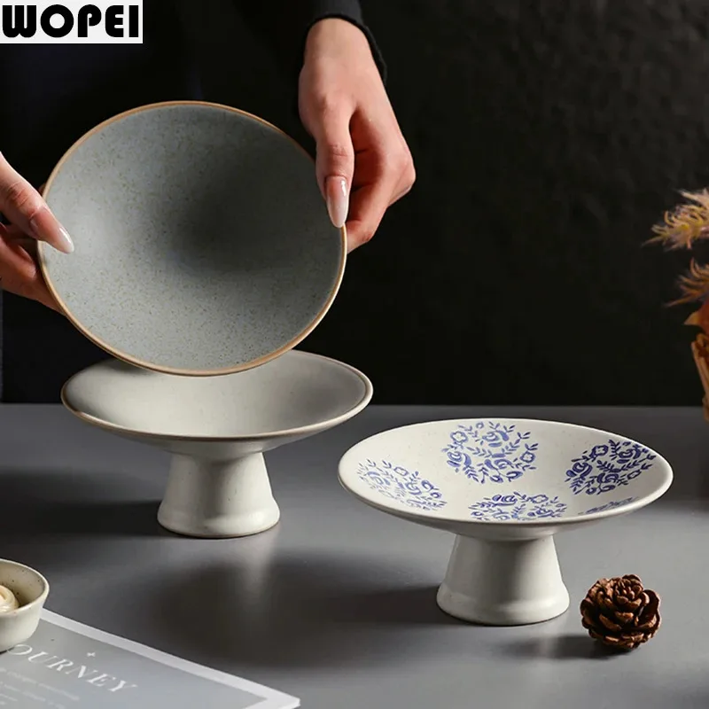 Retro Ceramic High Footed Plate Sushi Plate Pastry Dessert Plate Dried Fruit Plates Serving Plates Molecular Cuisine Tableware