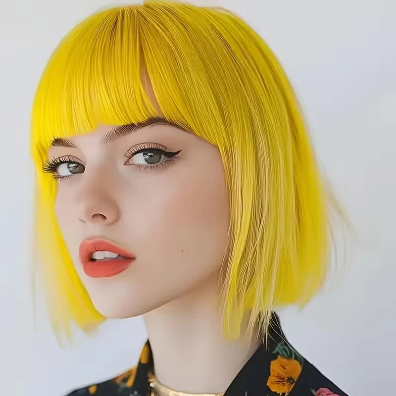 Yellow Short Bob Hairstyle Synthetic Wig for Halloween Cosplay, Everyday Wear Wig, High-Temperature Silk Wig Cap