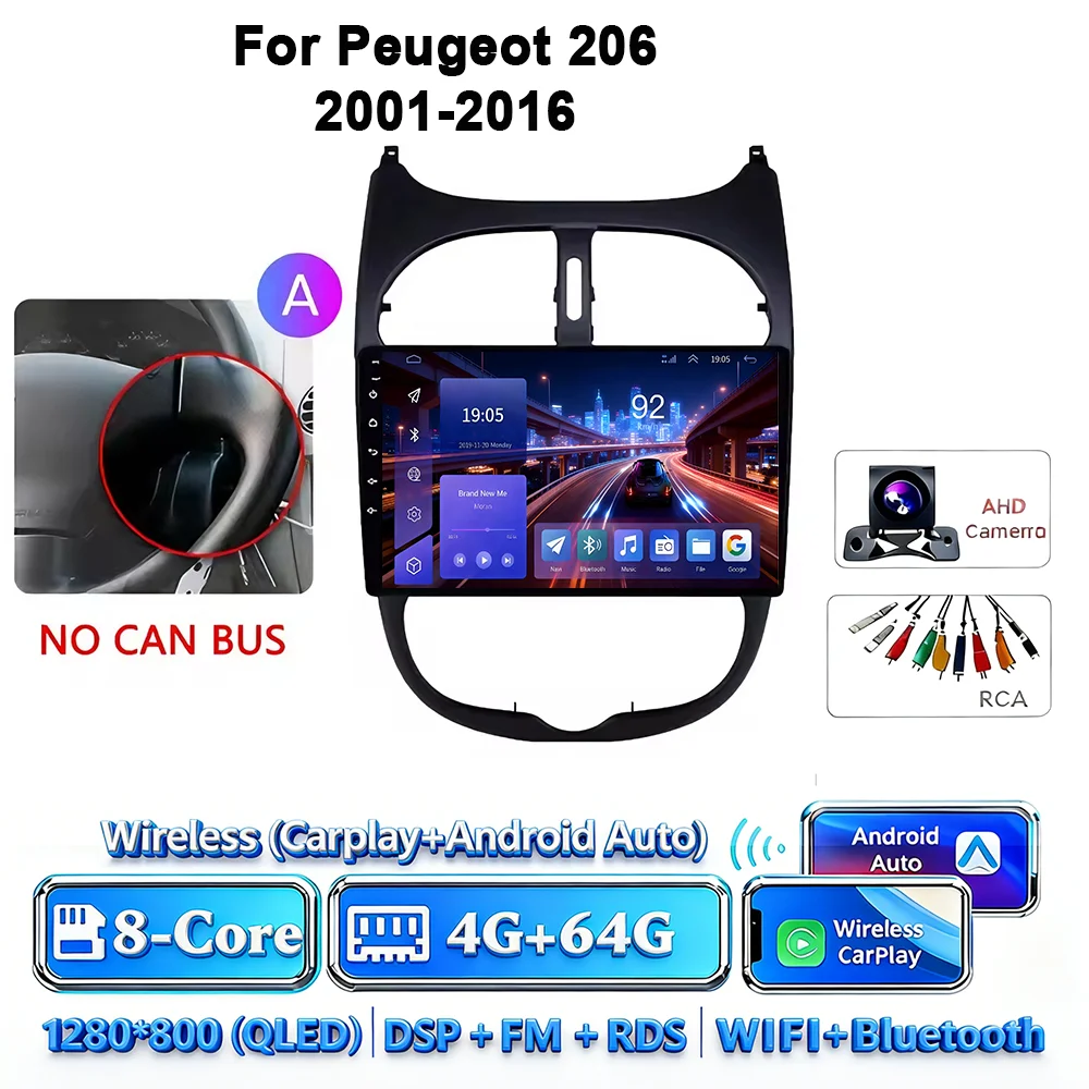 Android 17 Carplay Android Auto 4G WIFI autoradio voor Peugeot 206 2001-2016 GPS DSP BT touchscreen multimediasysteem navigatie stereo