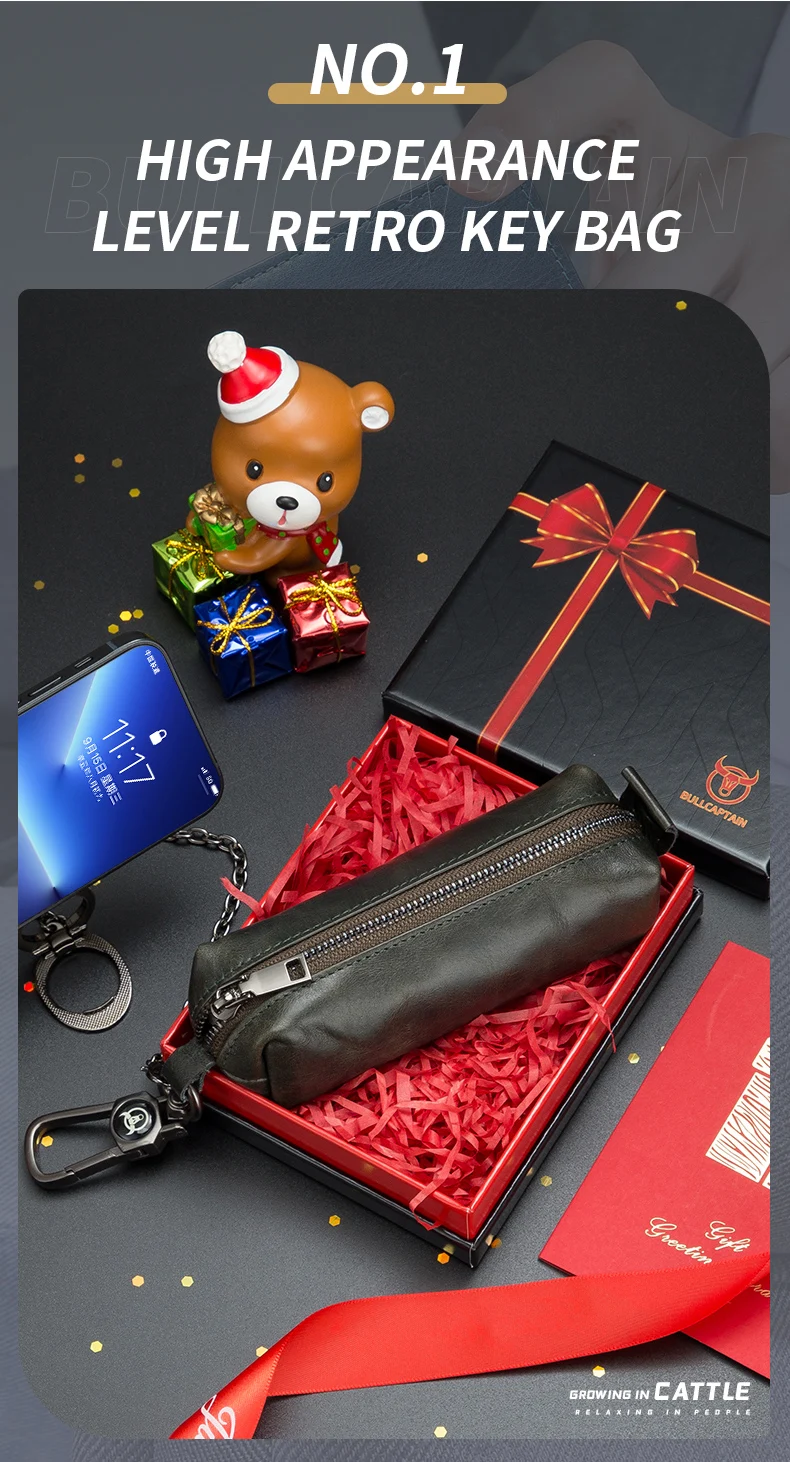 Bull captain Echt leder Herren Auto Schlüssel bund Leder Schlüssel etui hochwertige Herren Butler Schlüssel clip Reiß verschluss zwei Karten Schlüssel etui – Detail 3
