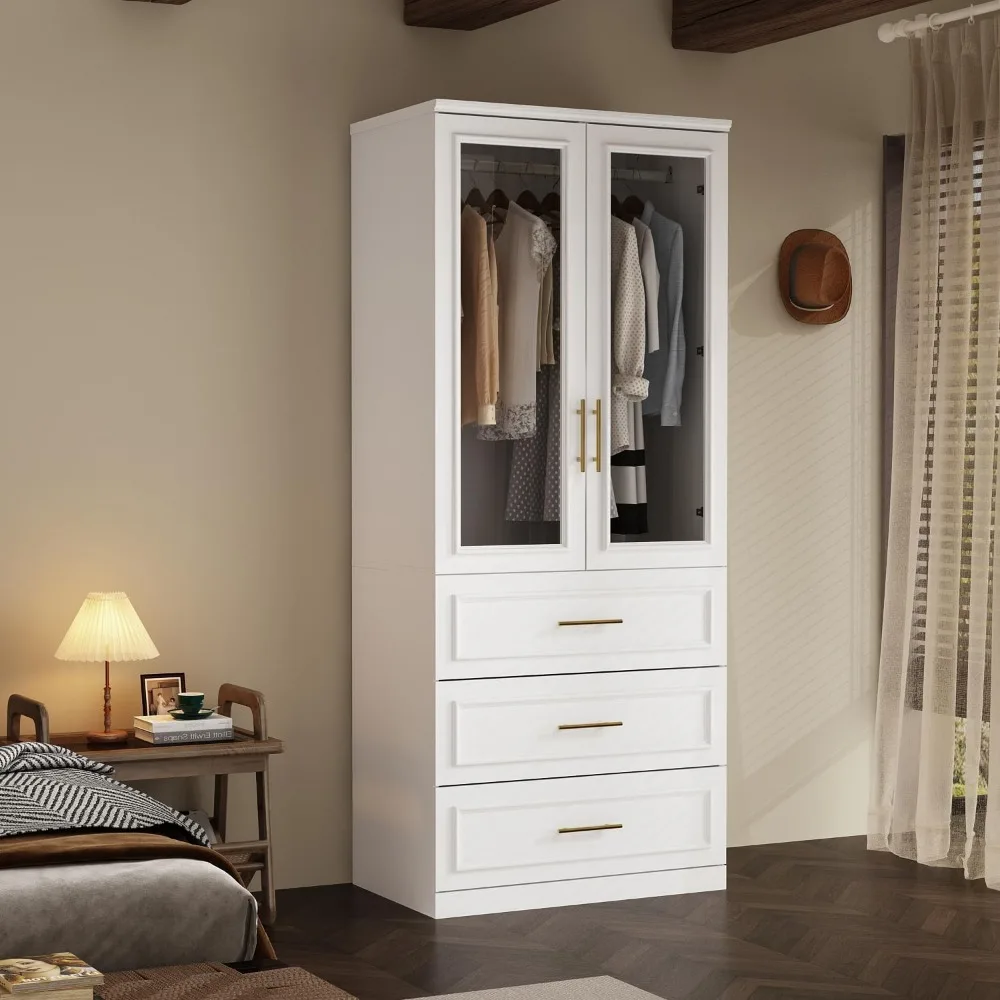 

3 Framed Drawers & 2 Glass Doors, Modern Wooden Armoire, Clothes Storage Cabinet Organizer for Bedroom Apartment, White