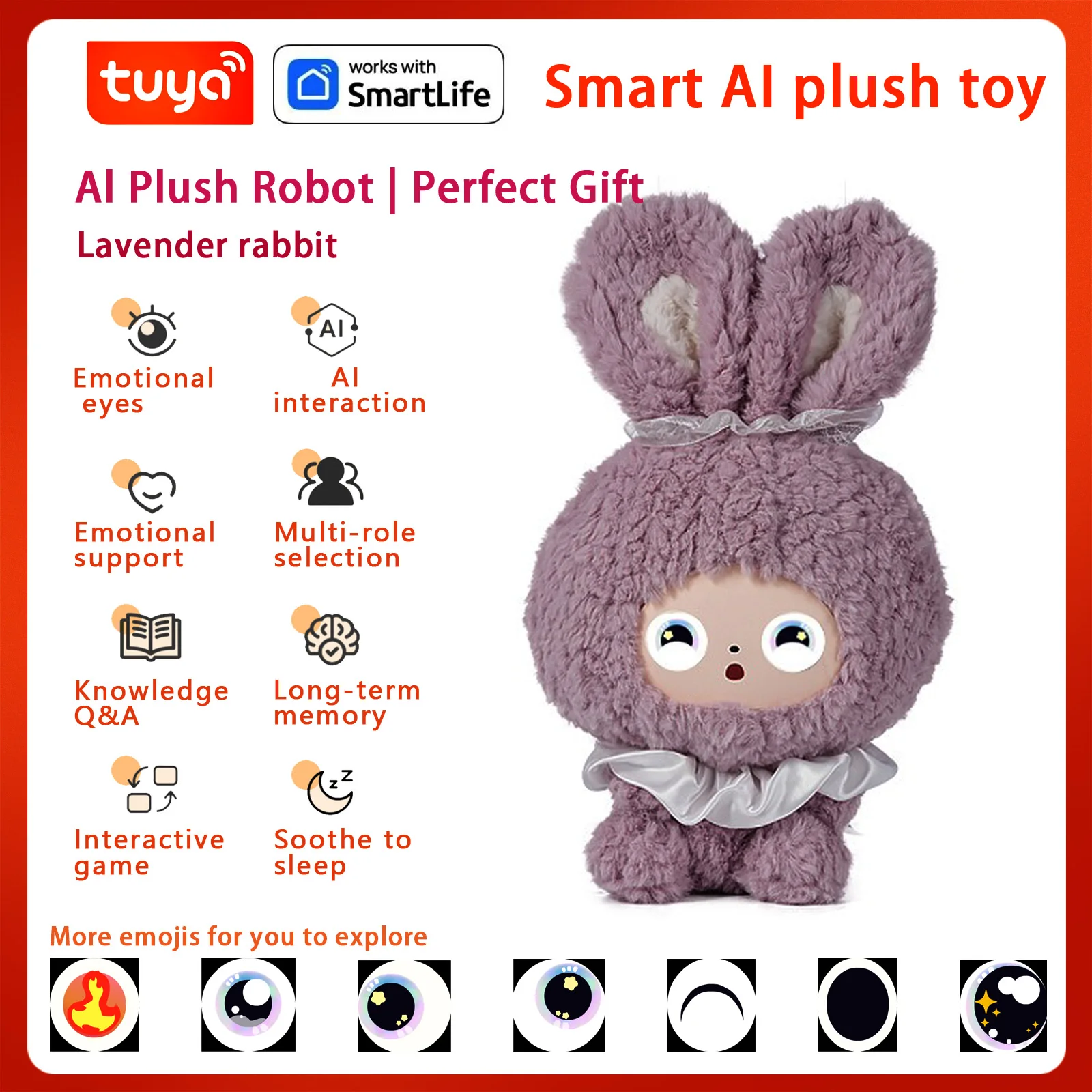 

Cute rabbit-AI Plush Toy W/Smart Voice&LED Eyes,Interactive Companion ReadyRechargeable E-Pet open up fun life W/Tuya App-Purp