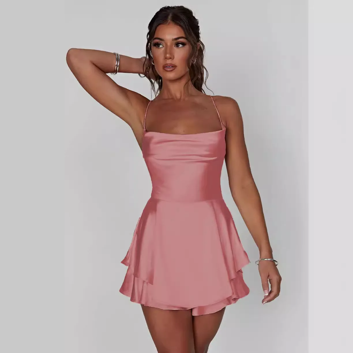 2024 New Solid Color Cross Strap Layered Ruffle Edge Open Back Satin Wrapped Waist Fashion Sexy Slim Fit A-line Suspended Dress