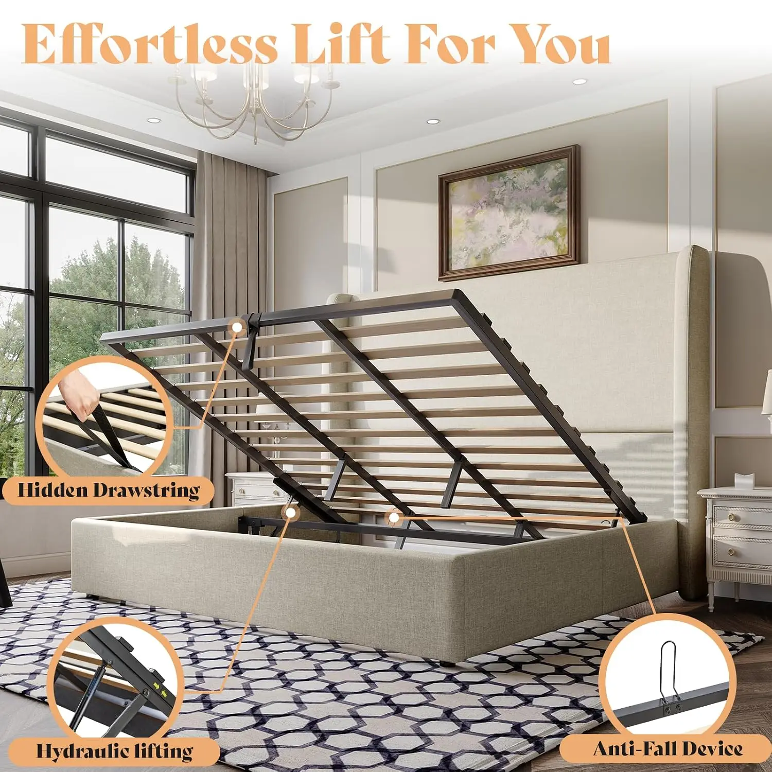Lift Up Storage Bed Queen Size Linen Upholstered Platform Bed Frame, Hydraulic Storage,Modern Wingback Headboard, No,Custom - view 3