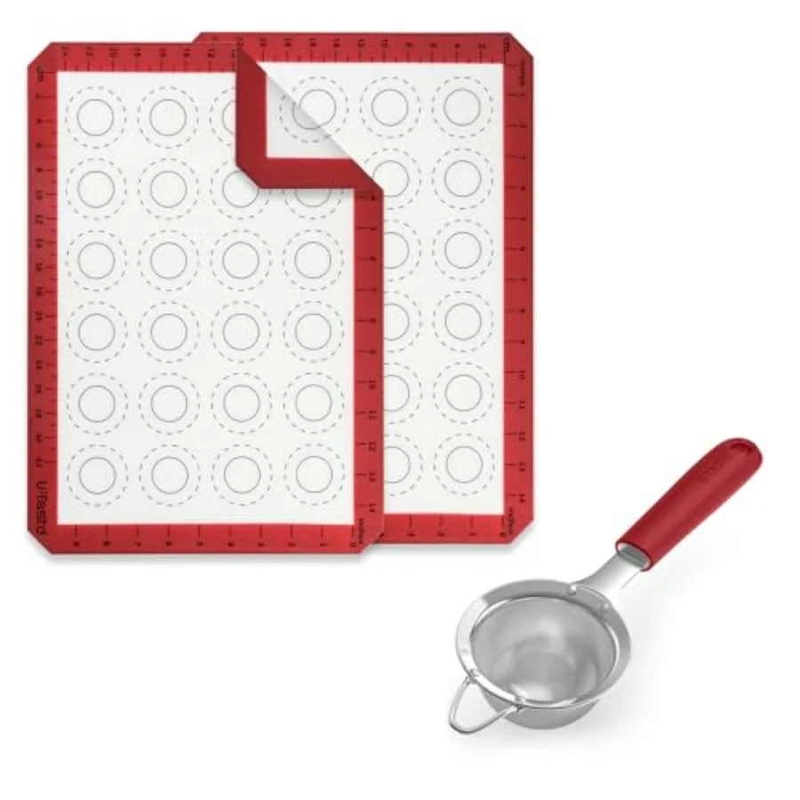 

446ºF Heat Resistant Macaron Silicone Baking Roasting Oven Mat (Set of 2), and 18/8 Stainless Steel 3.35in Small Fine Mesh Strai