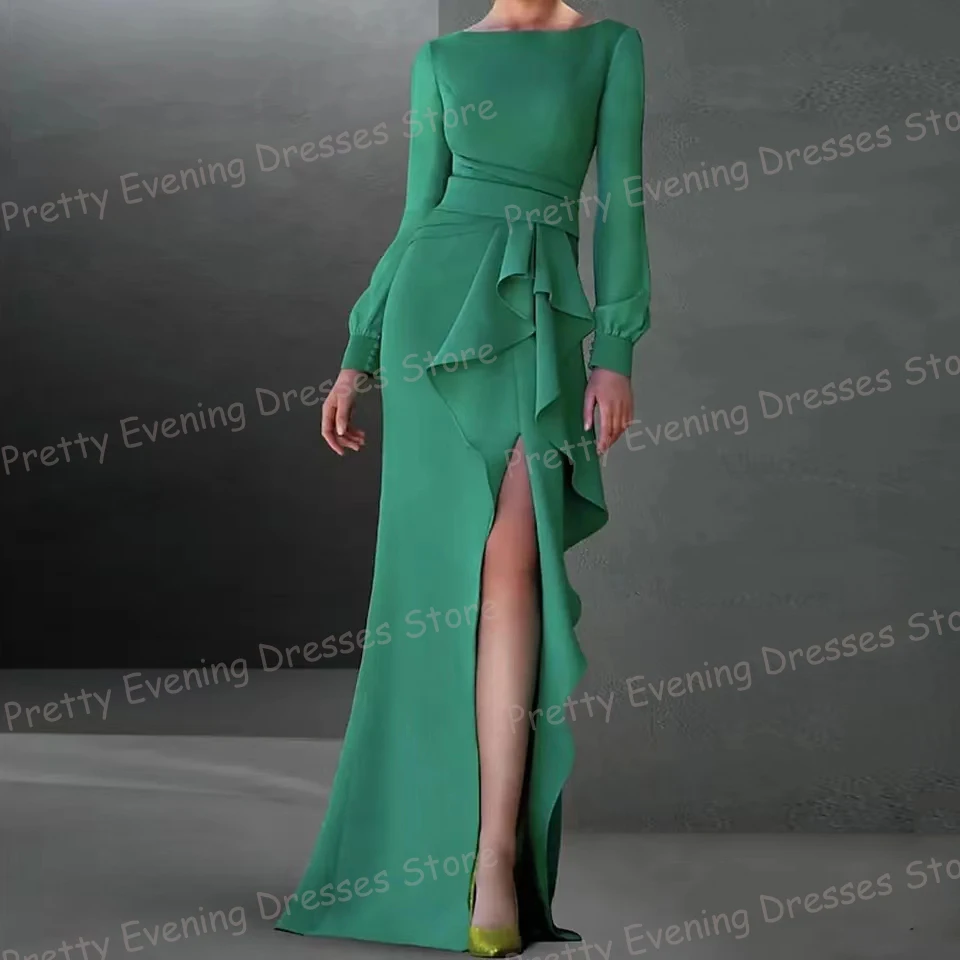 Simple Pleat Satin Evening Dresses Woman's Sexy Mermaid Prom Growns Long Sleeve Side Split Formal Party Celebrate Vestidos 2024