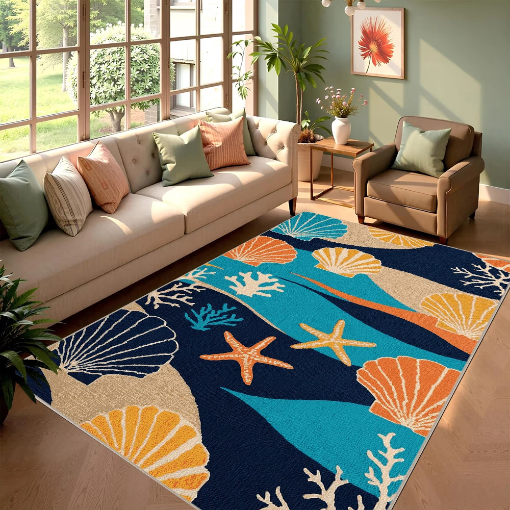 Navy Orange Coastal Seashell Starfish Area Rug for Living Room Bedroom Beach Themed Home Decor Soft Floor Carpet Non Slip