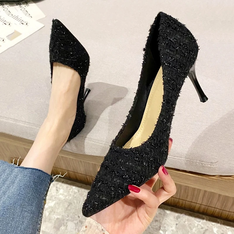 Tweed Cloth Pointed Toe Pumps Ladies Elegant Thin High Heels Office Shoes Women Brand Designer Slip On Stiletto Heel Party Shoes