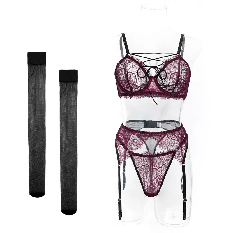 

Bikini lace lingerie sexy strap-up push-up passion garter belt lingerie women's four-piece set with stockings