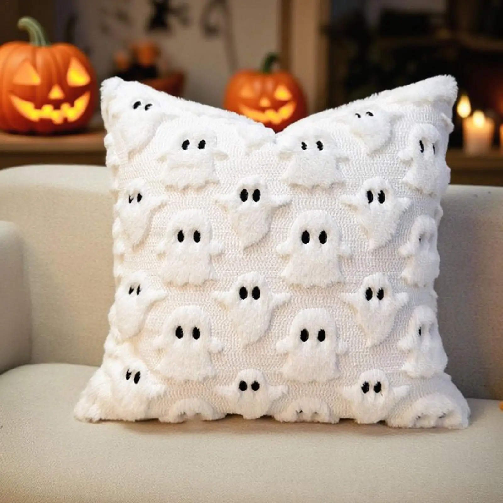 Halloween Pillow Covers 45x45cm Ghost Plush Pillowcase Soft Decor for Sofa Couch Bed Living Room Home Halloween Party Decoration