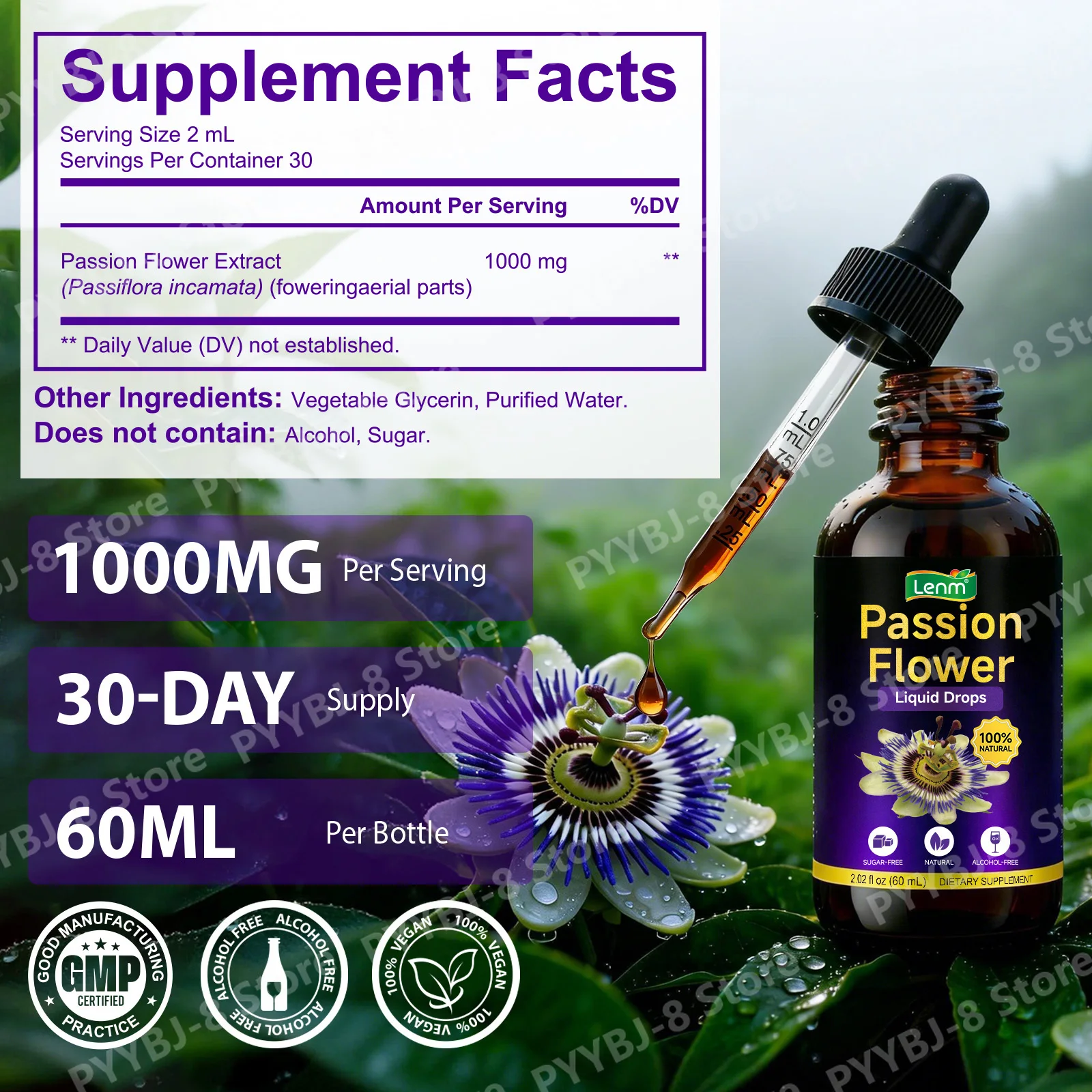 Passion Flower Liquid Drops with Passion Flower Extract for Relaxation, Rapid Liquid Intake Support,Vegan, Sugar-Free 60 ML