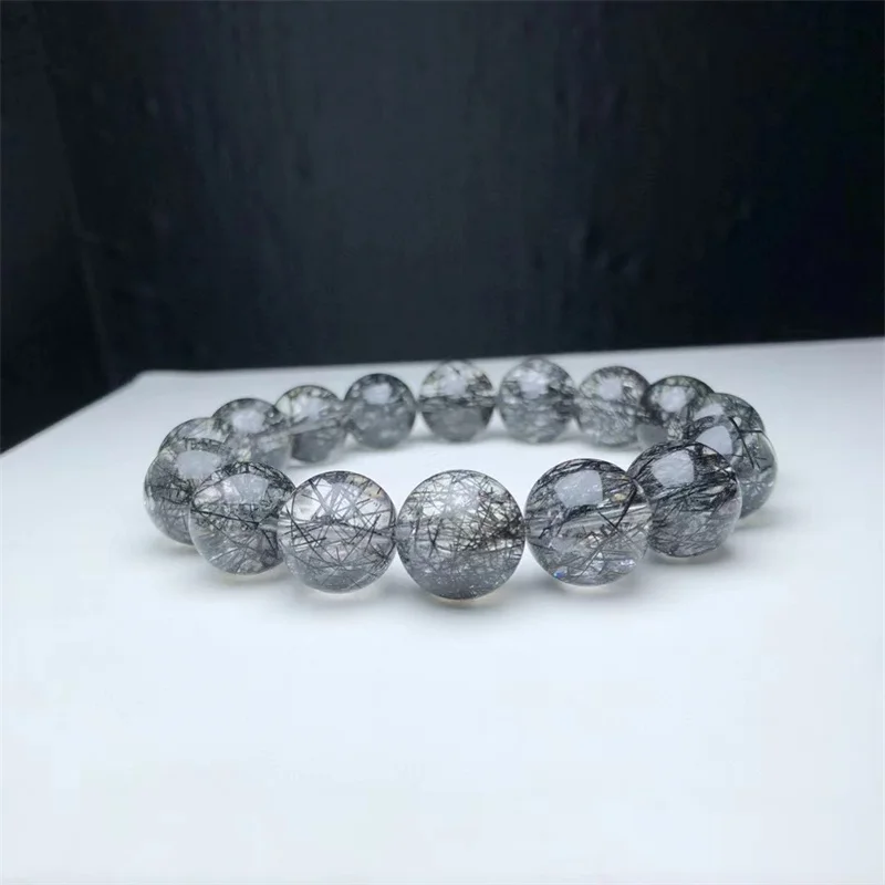 13.5MM Natural Black Hair Quartz Bracelet Handmade Crystal Jewelry Stretch Bangle Children Birthday Gift 1pcs