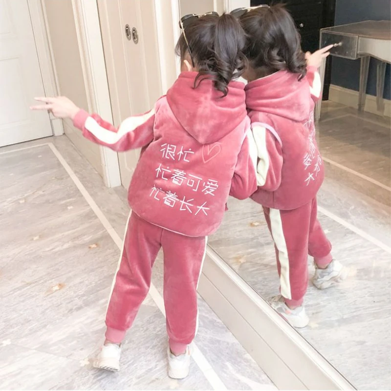 Girls Winter Autumn 3 Piece Set Jacket Child Clothing for Velvet Vest Warm Top Cotton Pants Kid Coats with Hooded Outerwear Suit