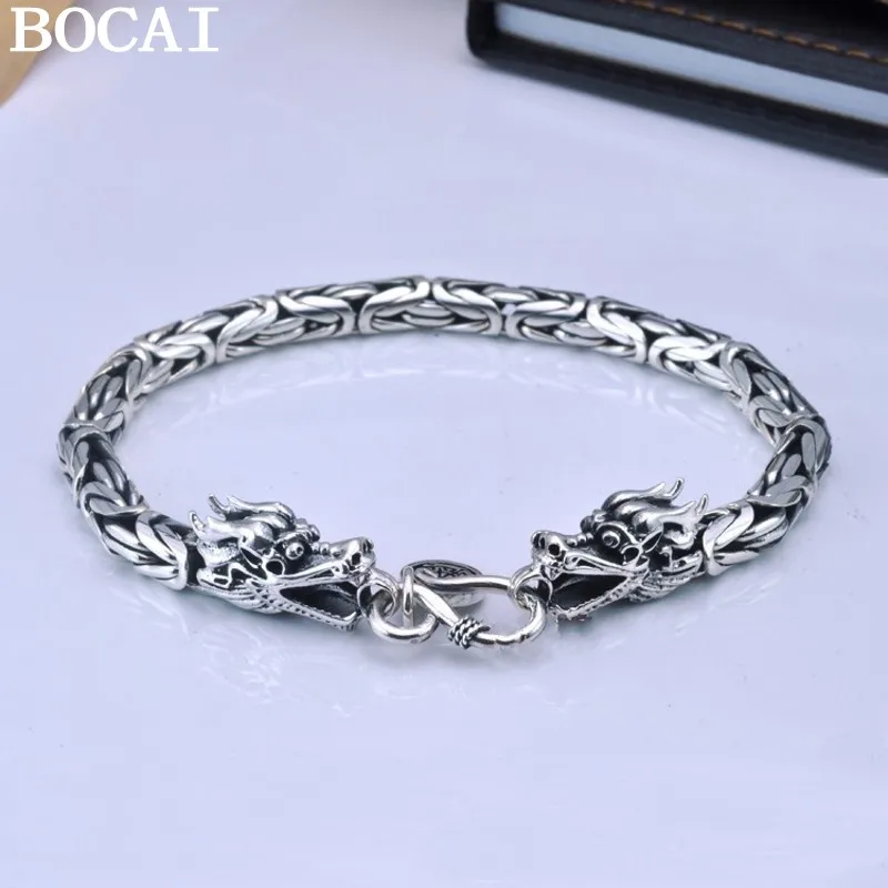 

BOCAI New S925 Silver, Retro Dominance, Ping An Pattern Double Dragon Head Bracelet