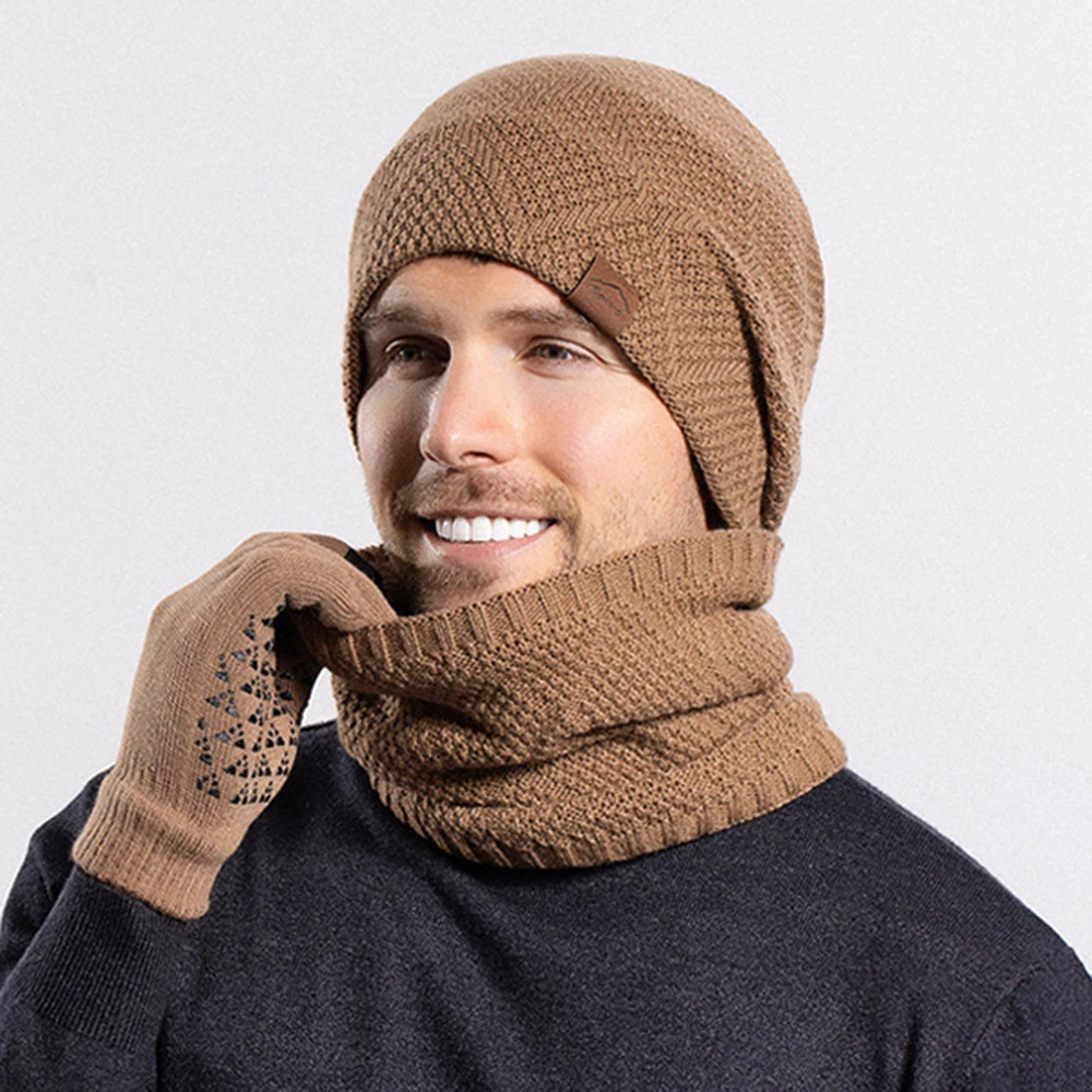 3-in-1 Men\'s Warm Hat Scarf Gloves Set Women Winter Touchscreen Gloves Men Outdoor Windproof Warm Neck Scarf Knitted Beanie Caps