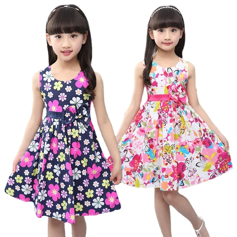 Girls Vest Dress Cotton Flower Print Children Wear  Korean Cute 95% Cotton Princess Party Dresses 4 5 6 7 8 9 10 11 12 14 Year