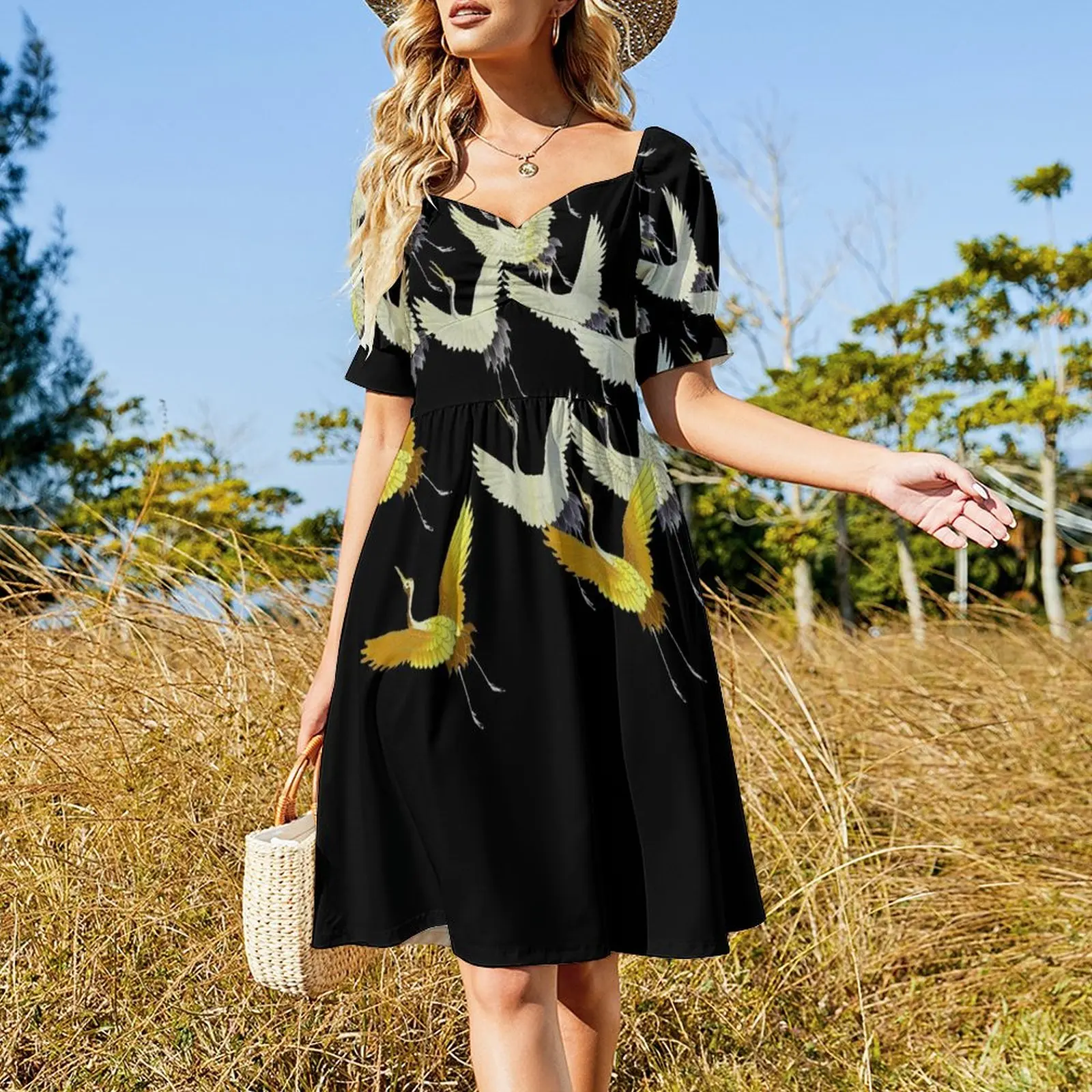 GOLD YELLOW WHITE FLYING CRANES IN BLACK Japanese Pattern Dress prom clothes dresses summer