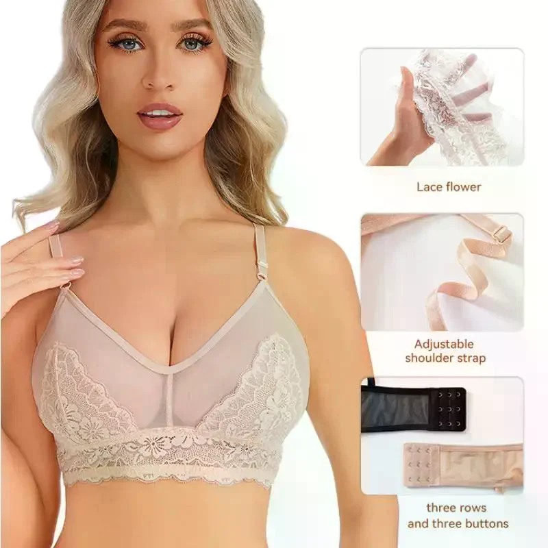 Sexy Lace Bra Ladies Low Back Transparent Bras Deep U Backless Bralette Triangular Soft Seamless Underwear
