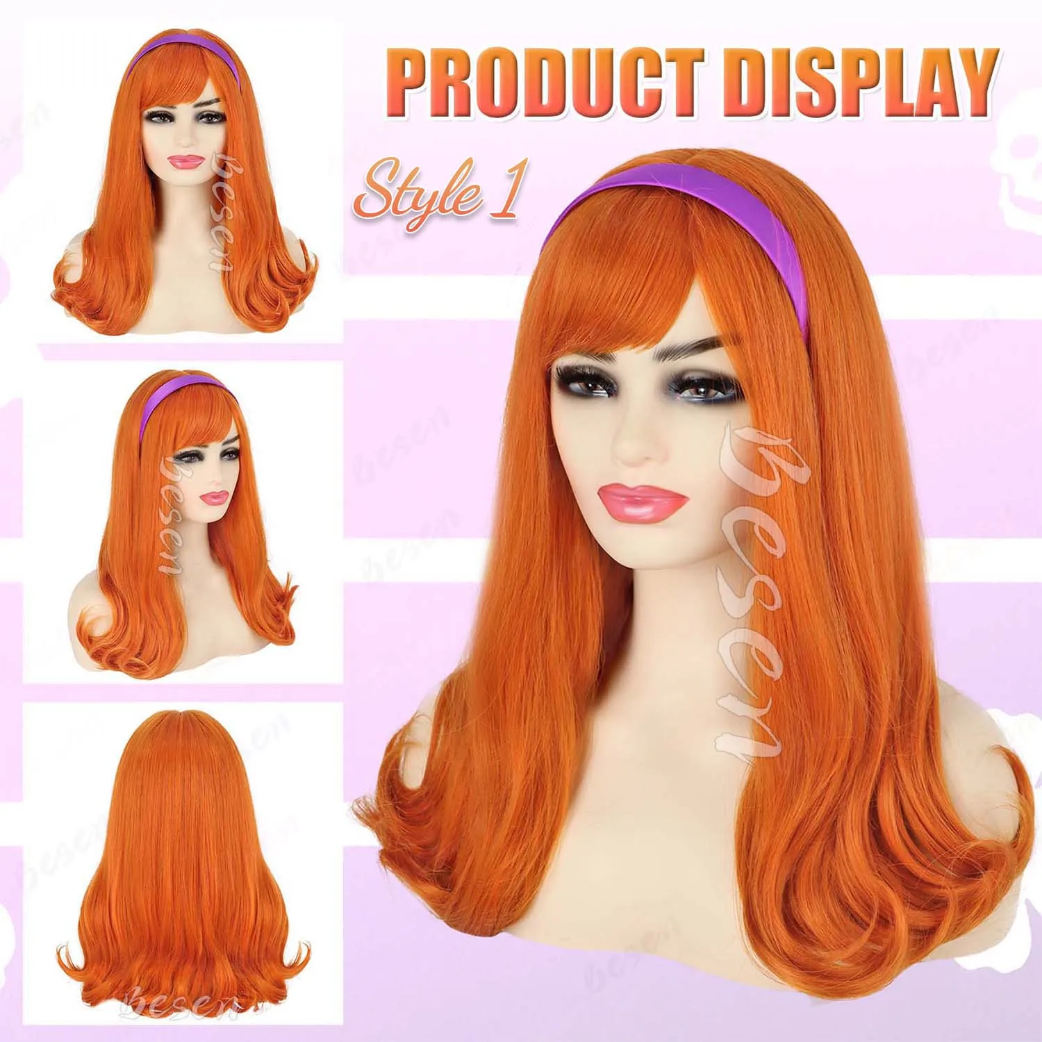 باروكة صناعية طويلة مموجة برتقالية + عصابة رأس أرجوانية، باروكة دافني، شعر مستعار بني مع غرة + نظارات + باروكات فيلما عدسة مكبرة لجميع القديسين #2