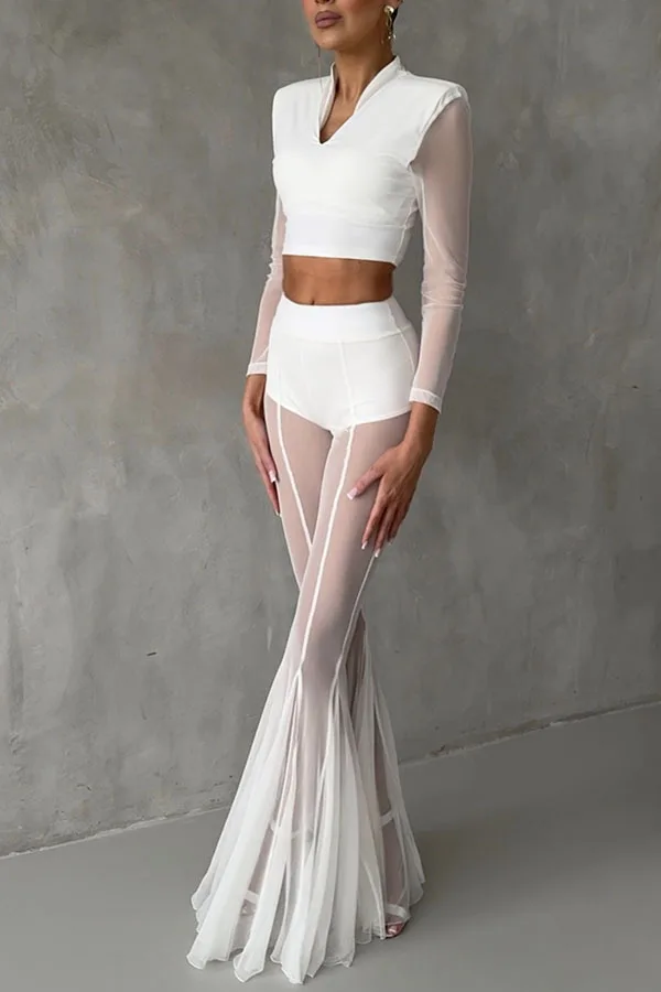 Women's Sheer Mesh Flare Pants High Waist See Through Bell Bottom Trousers Elegant Runway Style Sheer Pants Party & Fashion Show