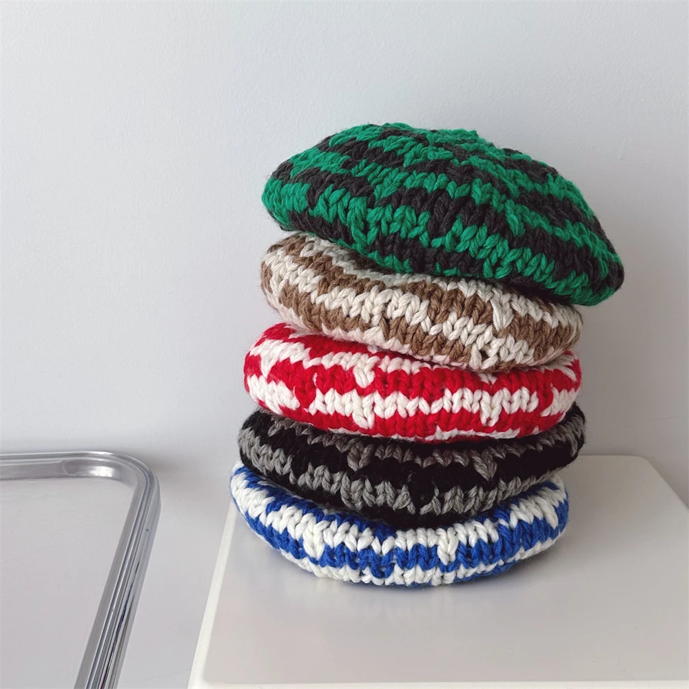 Parent-child Hat Autumn and Winter Kids Mixed Color Knitted Thick Wool Beret Berets Women's Crochet Striped Painter Hat