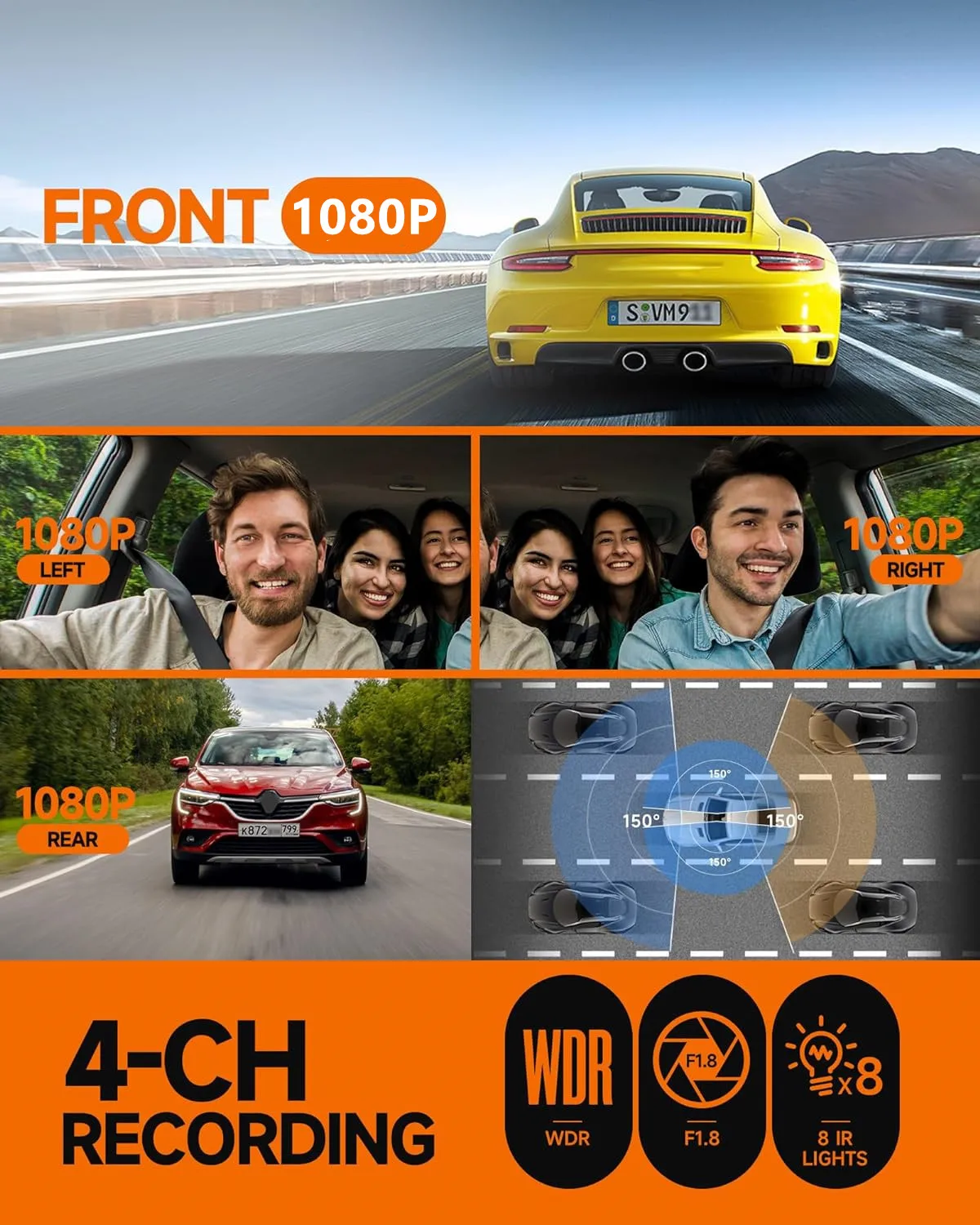 360 ° Panorama-Dashcam, 4 Kanäle vorne/hinten/links/rechts, 4 x 1080P-Kameras, 5G WiFi/GPS/8 Infrarotlicht, Nachtsichtmonitor, 512 GB